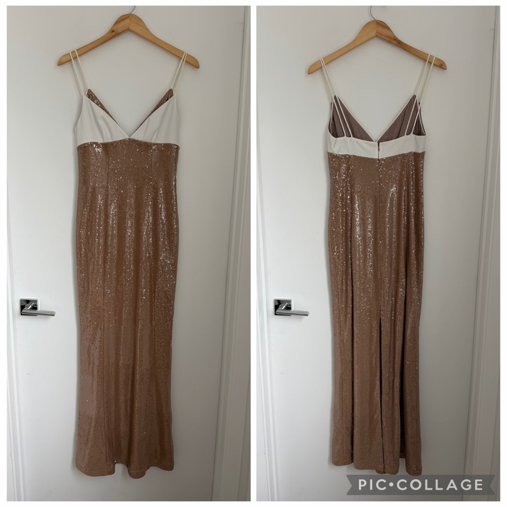 Lovers + Friends Small Nude Sequin Maxi Dress in Tan and White